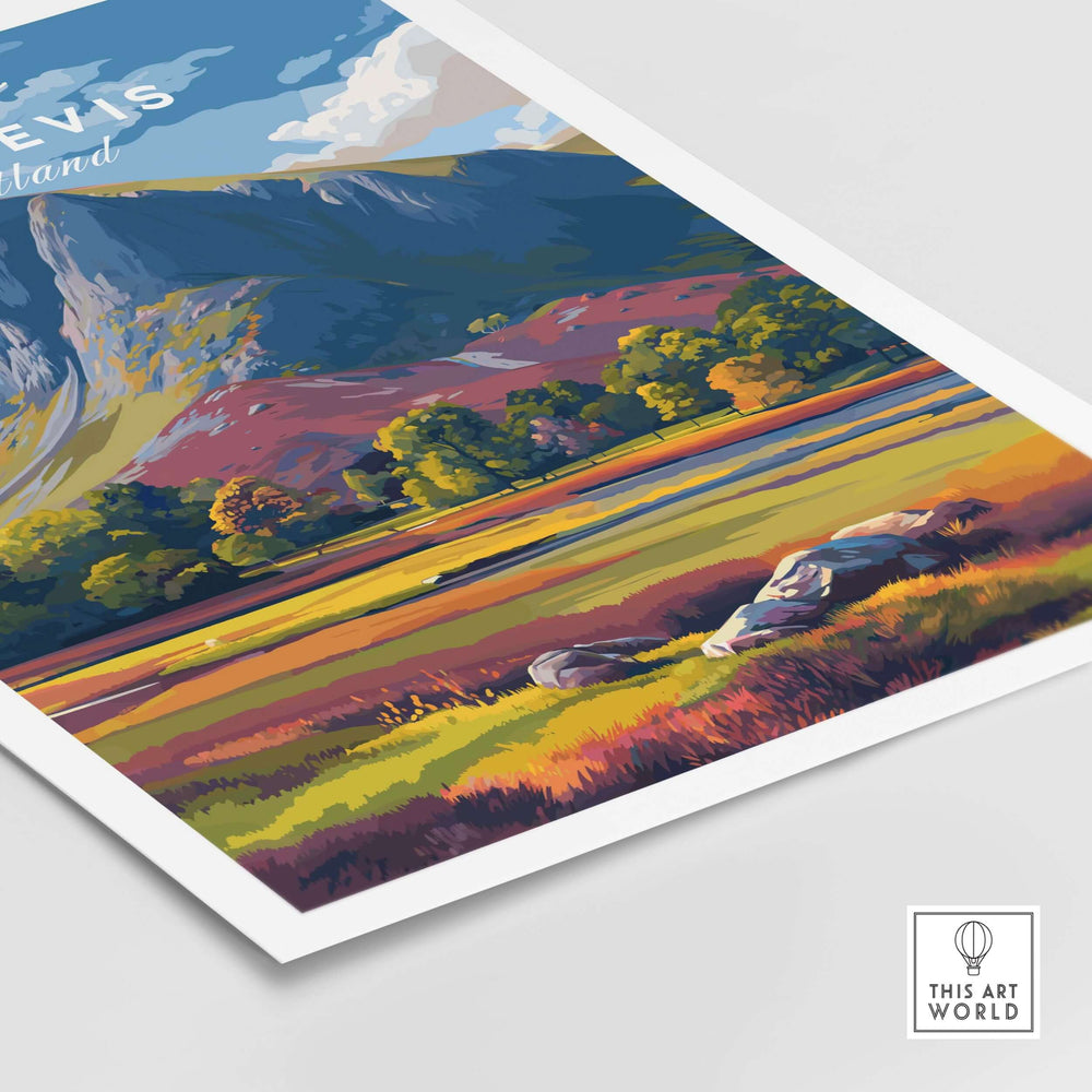 Ben Nevis colorful valley poster showcasing vibrant mountain scenery and lush landscapes of Scotland.