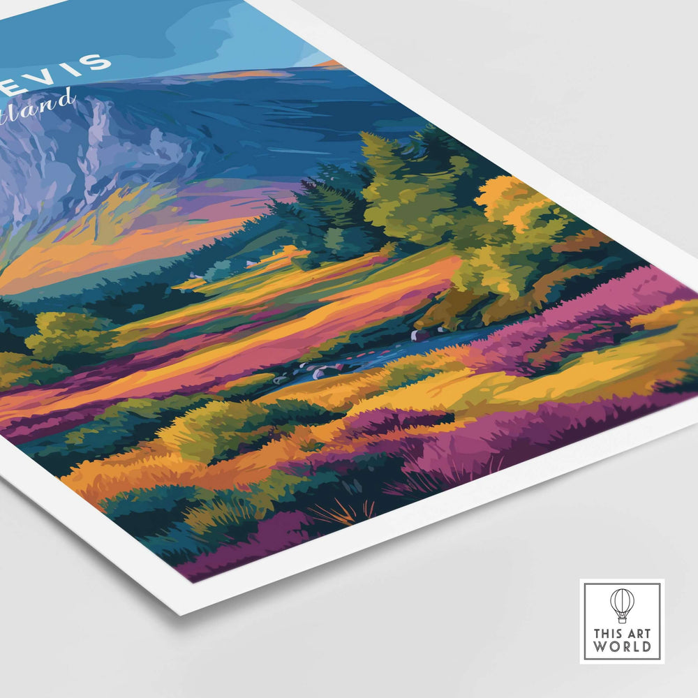 Ben Nevis Scotland poster featuring vibrant autumn colors and mountain views, ideal for fall-inspired home decor.