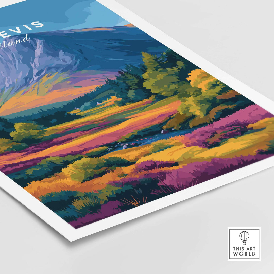 Ben Nevis Scotland poster featuring vibrant autumn colors and mountain views, ideal for fall-inspired home decor.