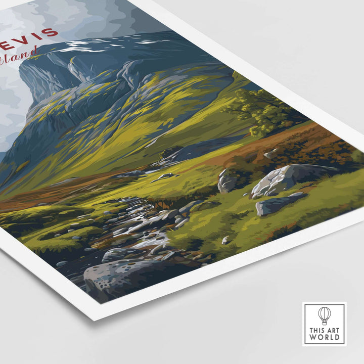 Ben Nevis Art Print featuring rugged mountains and a flowing stream in lush Scottish landscape.