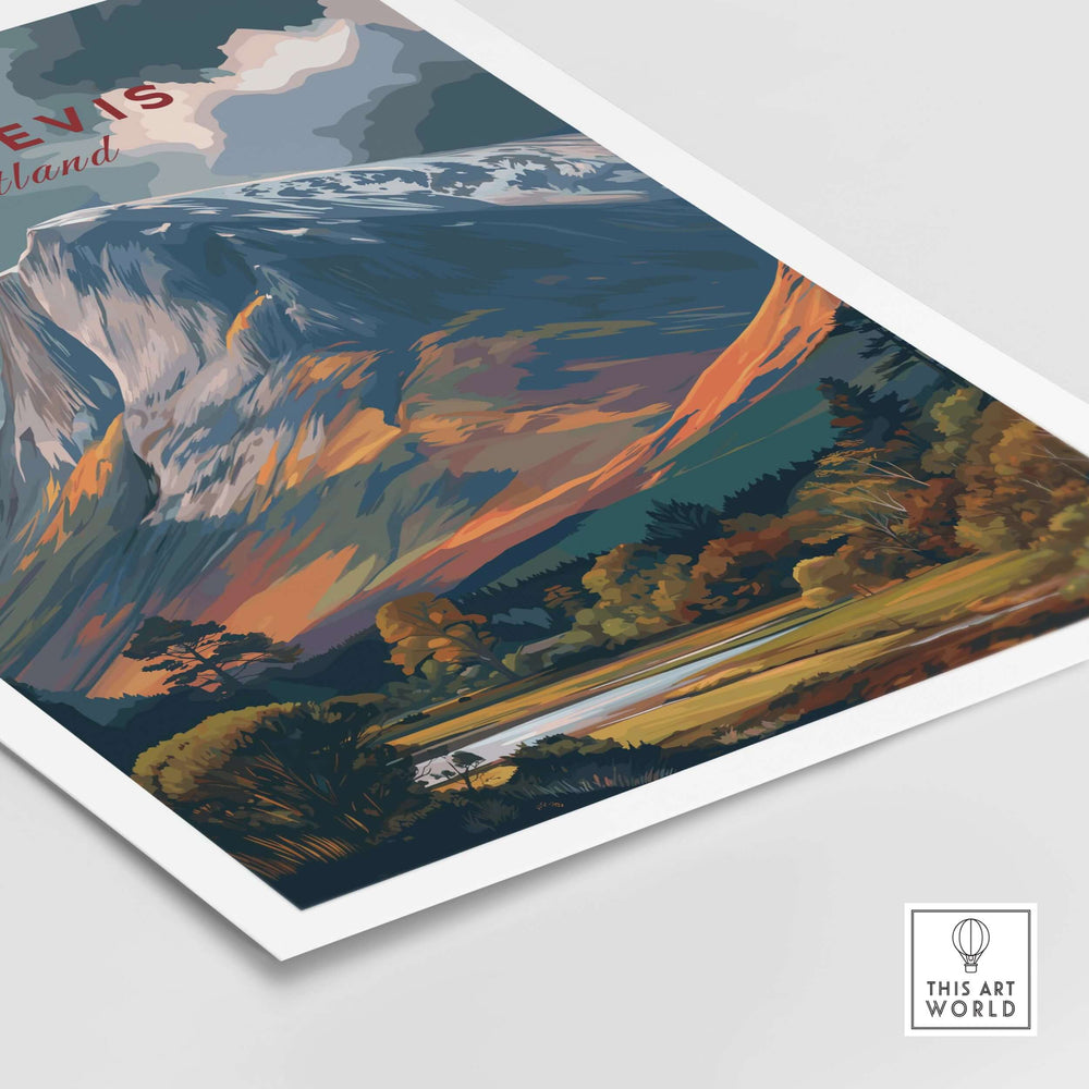 Ben Nevis Scotland snow-capped mountain poster showcasing vibrant highland landscape wall art.