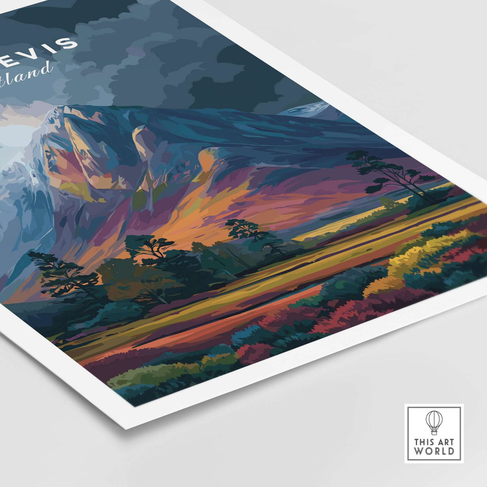 Ben Nevis art illustration print showcasing vibrant dusk colors and a colorful mountain landscape in Scotland.