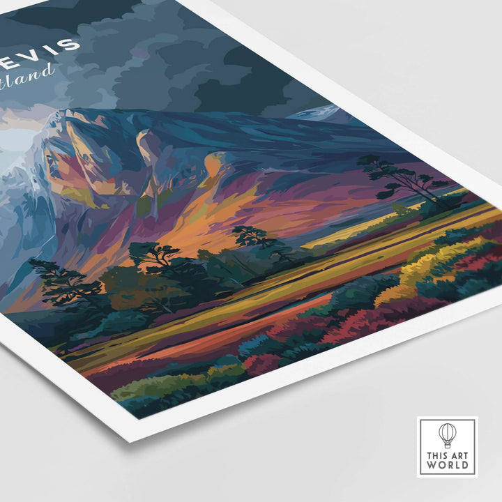 Ben Nevis art illustration print showcasing vibrant dusk colors and a colorful mountain landscape in Scotland.