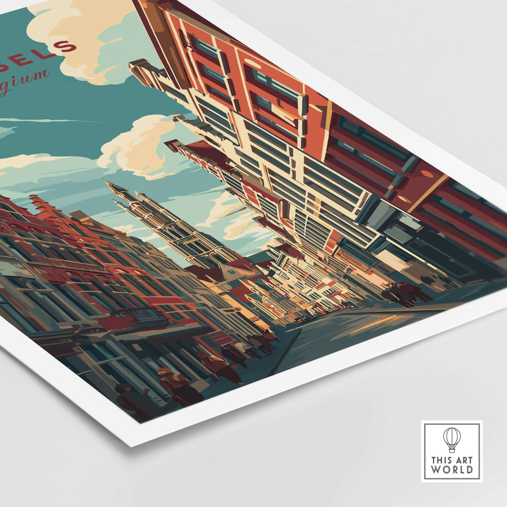 Brussels Grand Place street art poster featuring vibrant city architecture and historical charm.