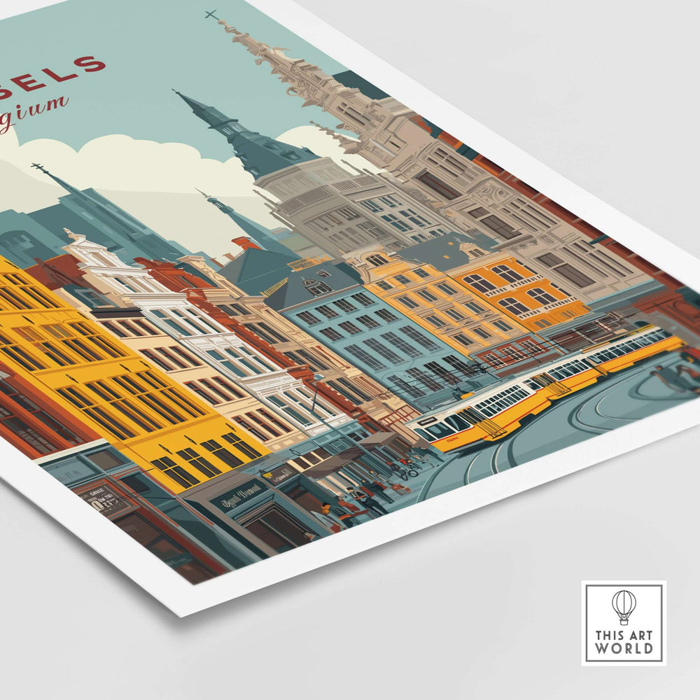 Brussels Belgium tram cityscape poster, vibrant street scene with iconic architecture and trams.