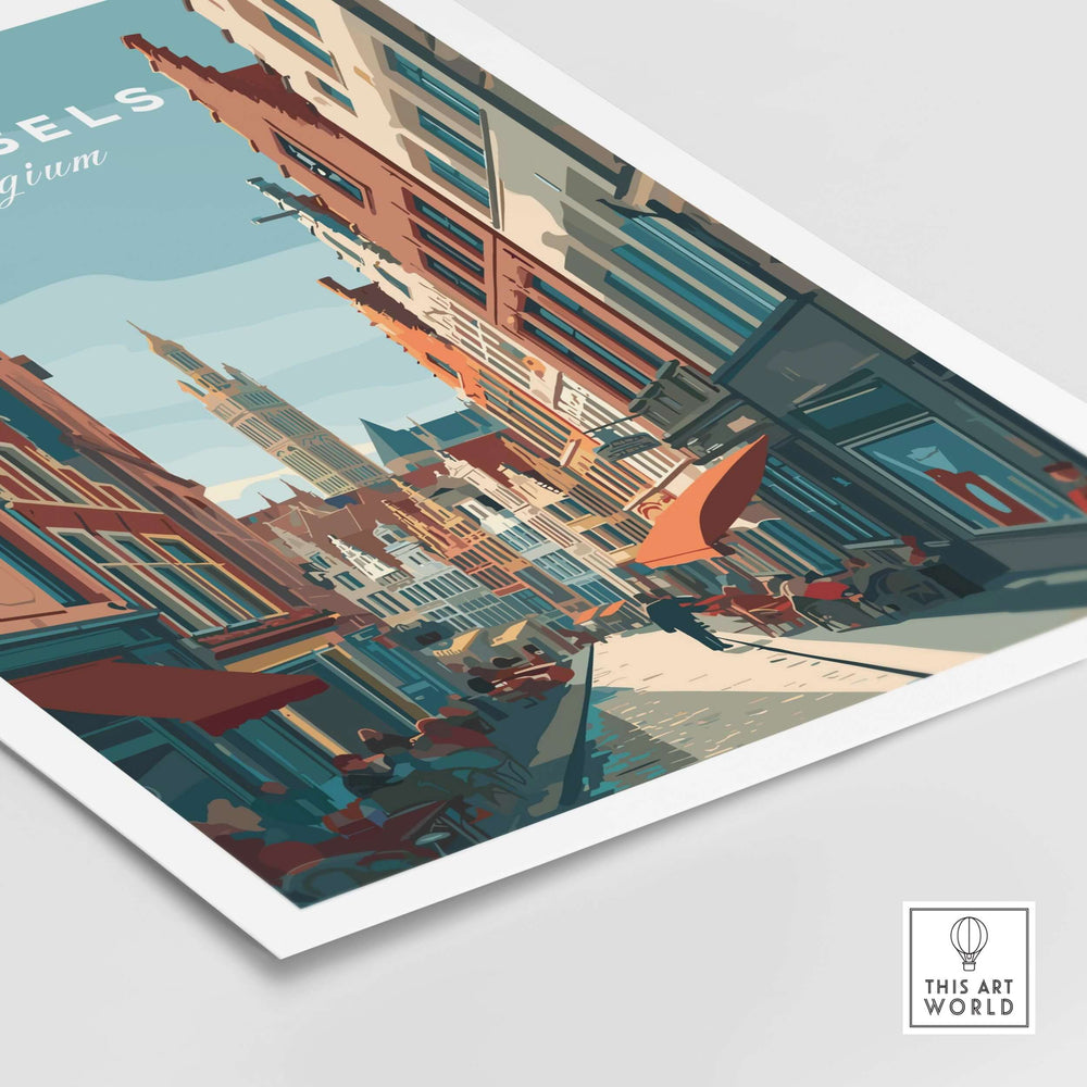 Art print of Brussels' Grand Place, showcasing vibrant architecture and a lively street scene in Belgium.