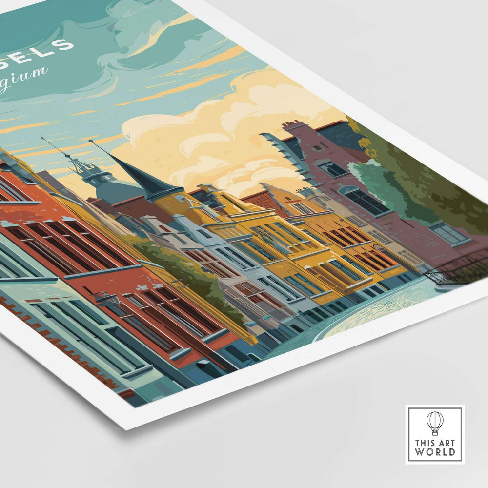 Brussels Belgium historic houses poster showcasing vibrant architecture against a sunset sky.
