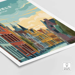 Brussels Belgium Historic Houses Sunset Poster - Iconic European Architecture Print showcasing colorful buildings and serene sky.