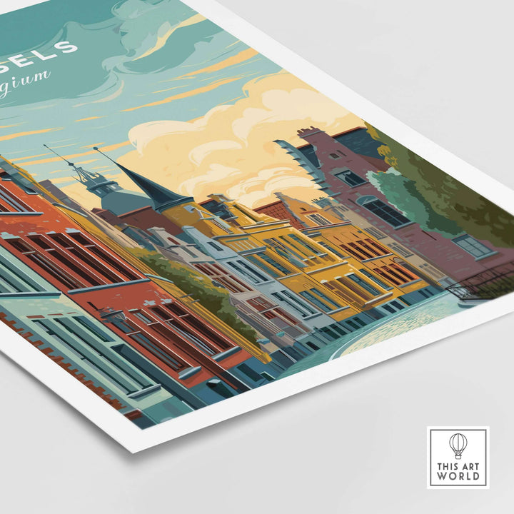 Brussels Belgium historic houses poster showcasing vibrant architecture against a sunset sky.