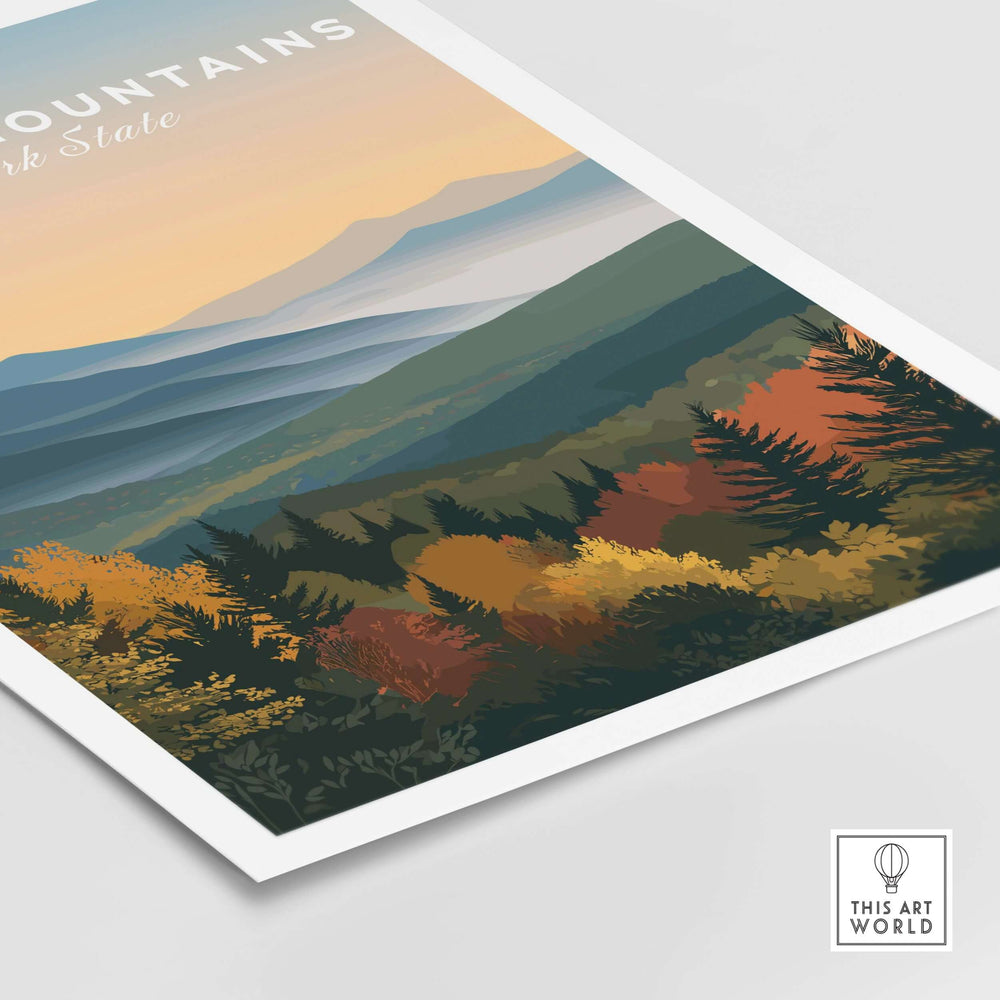 Catskill Mountains New York autumn foliage print showcasing vibrant fall colors in a serene mountain valley.