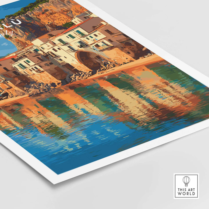 Cefalù Italy travel print showcasing a picturesque Sicilian village reflected in water, vibrant colors highlighting Mediterranean beauty.
