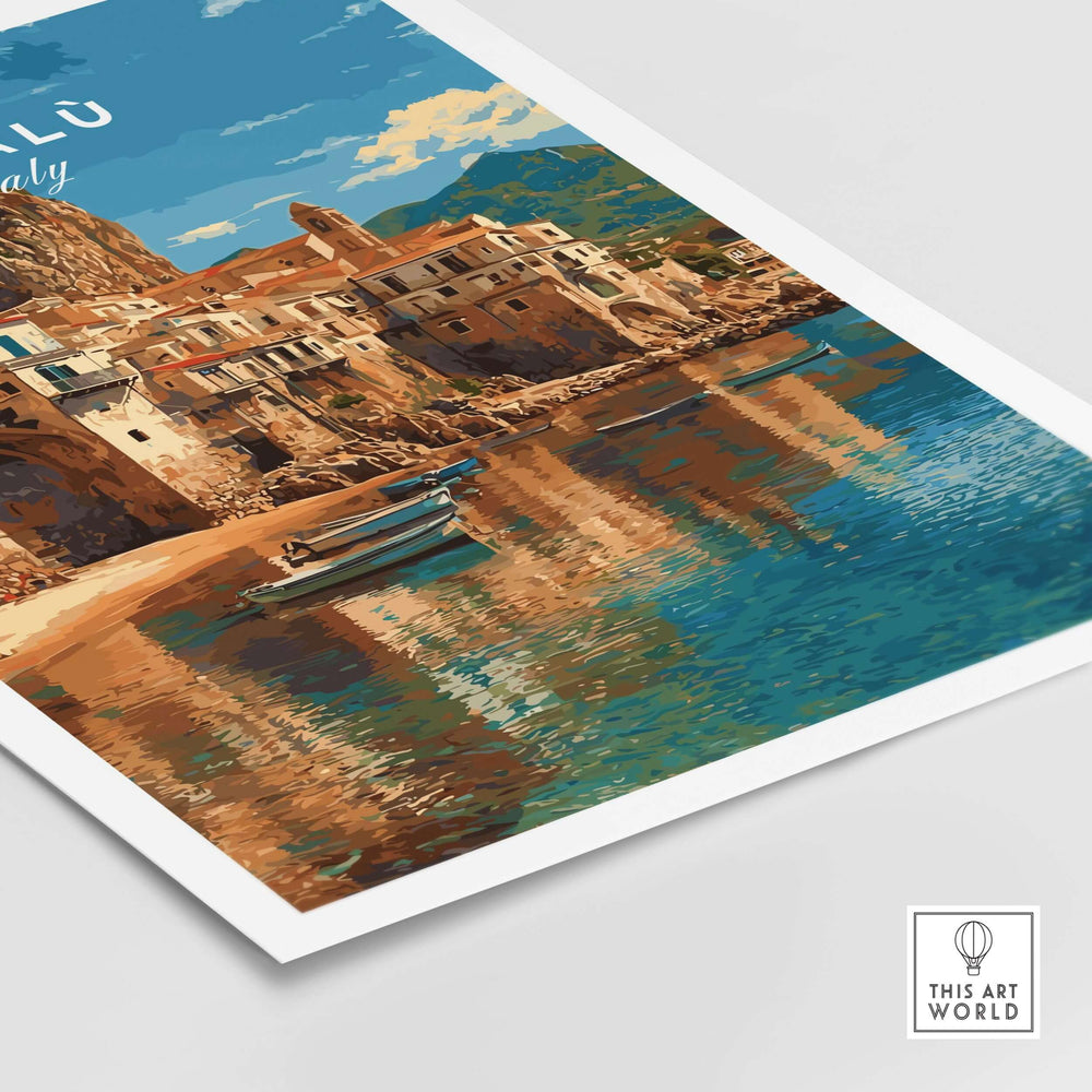 Cefalù Italy poster featuring charming village architecture and serene seaside views of the Sicilian coastline.
