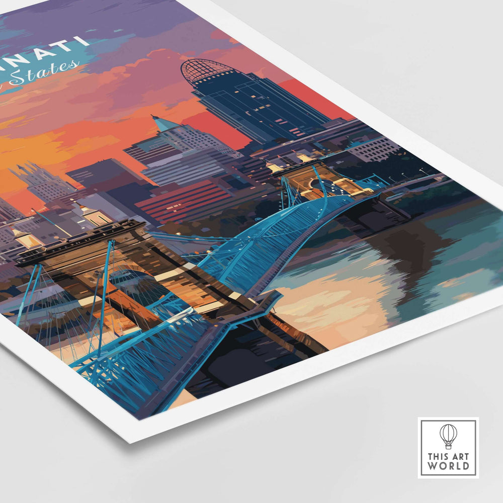 Cincinnati Ohio Sunset Skyline poster featuring the iconic Roebling Bridge and vibrant city scenery.