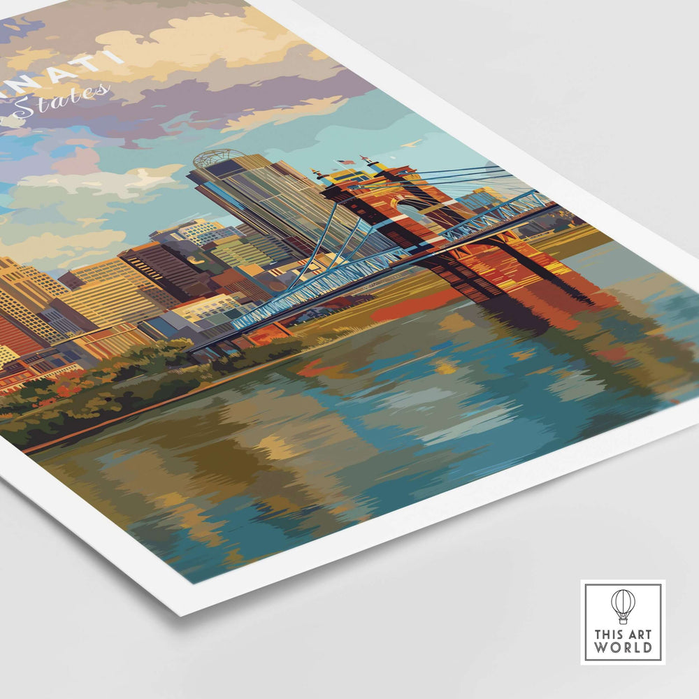 Cincinnati Ohio Skyline Print featuring Roebling Bridge and urban landscape reflections in the river.