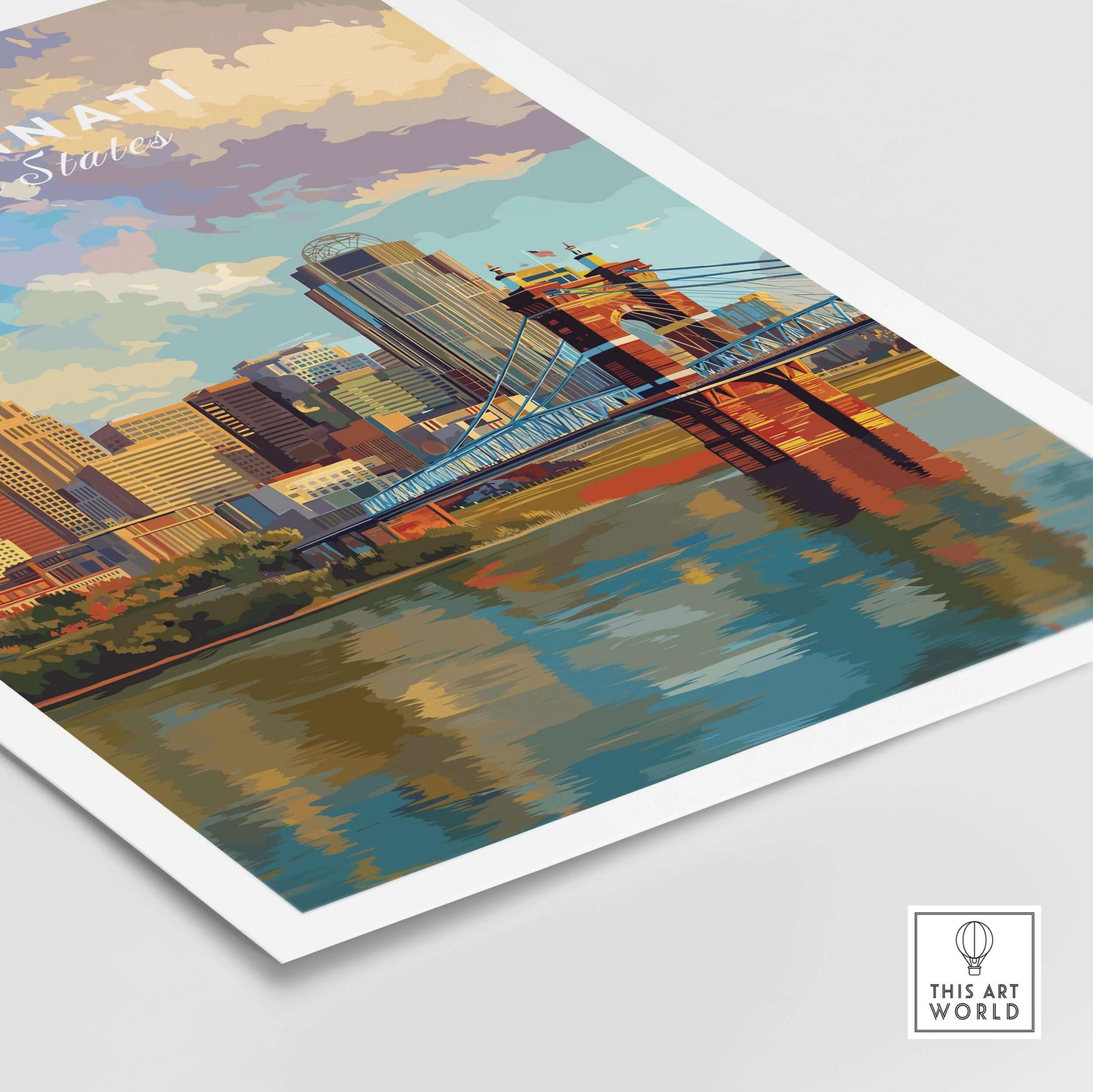Cincinnati Ohio Skyline Print - Roebling Bridge Wall Art featuring a colorful depiction of the city skyline.