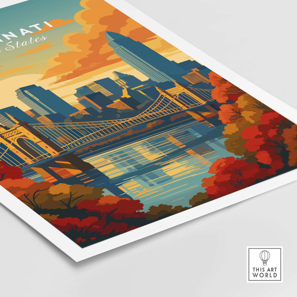 Cincinnati sunset river reflection poster featuring Roebling Bridge and urban skyline in vibrant colors.