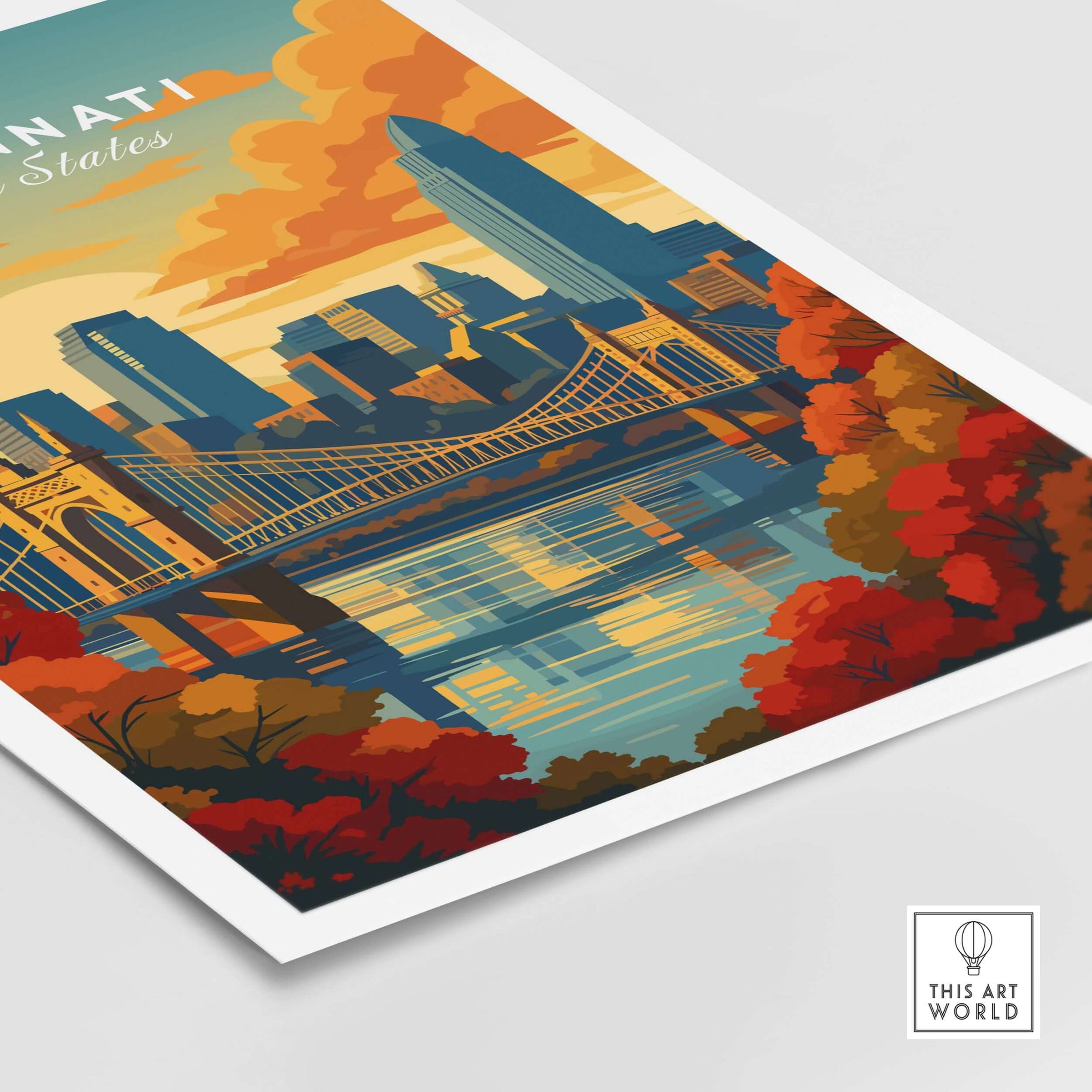 Cincinnati Sunset River Reflection Poster - Roebling Bridge Wall Art showcasing vibrant city skyline and serene lake.