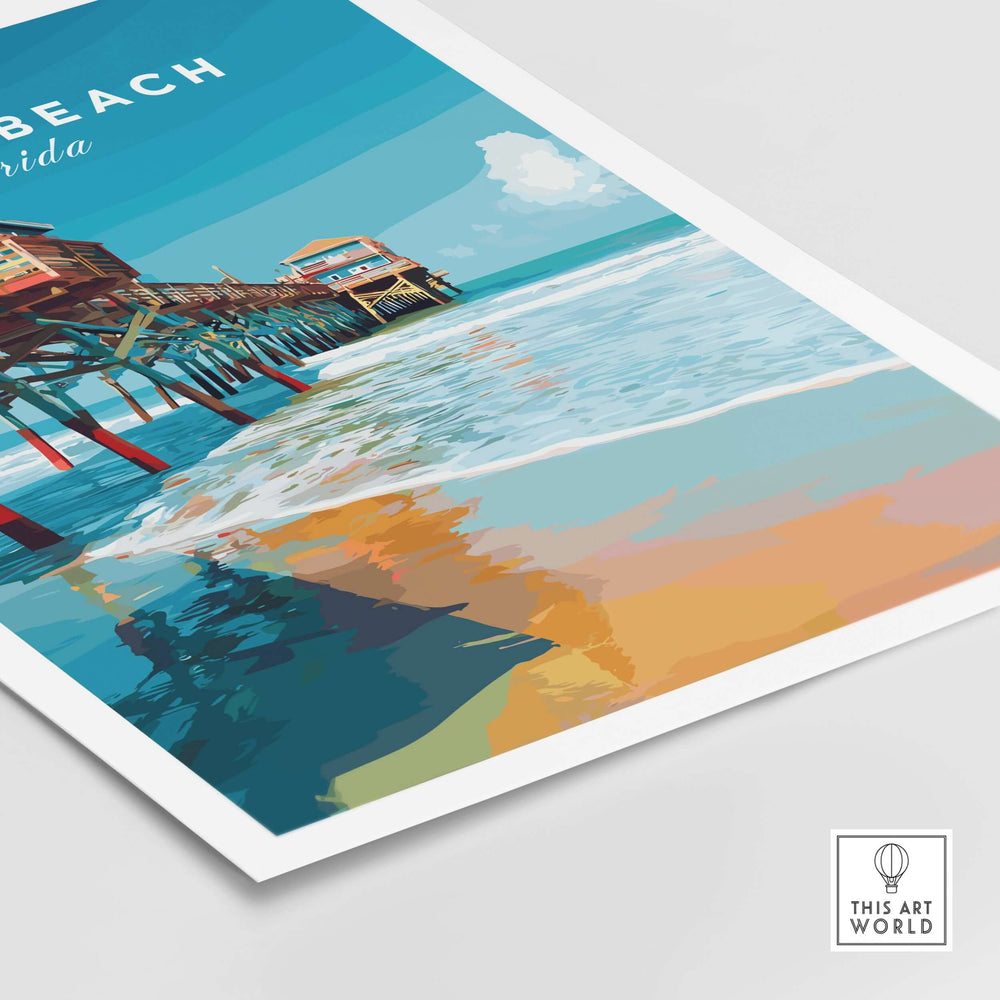 Cocoa Beach Florida Pier print showcasing vibrant colors and coastal charm, perfect for beach-themed wall decor.