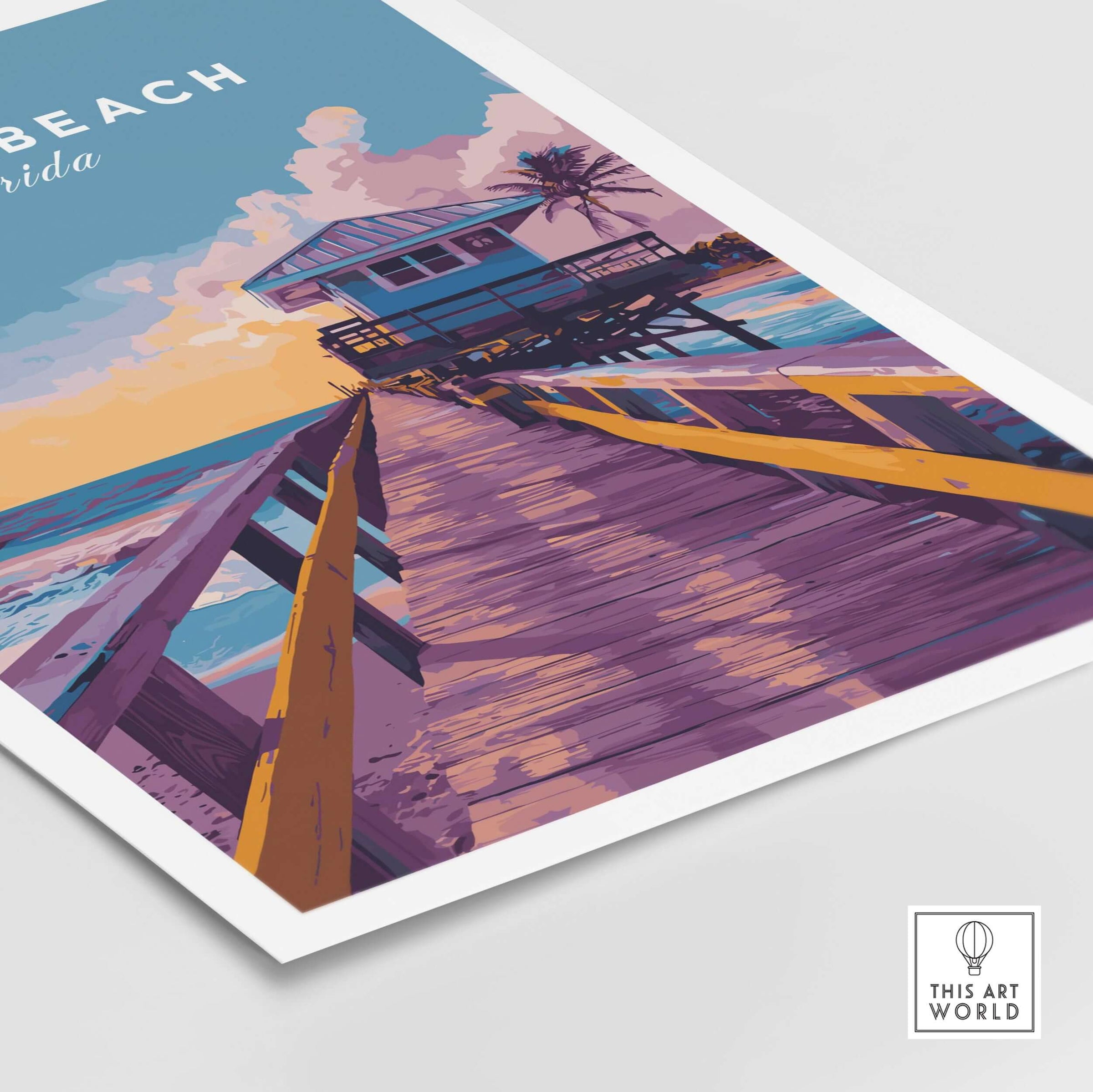 Cocoa Beach Boardwalk Print - Florida Sunset Wall Art featuring vibrant colors and a serene sunset over the ocean.