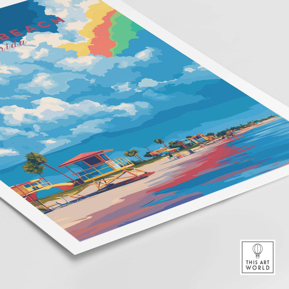 Cocoa Beach lifeguard stand print showcasing vibrant Florida beach scene with colorful clouds and palm trees.