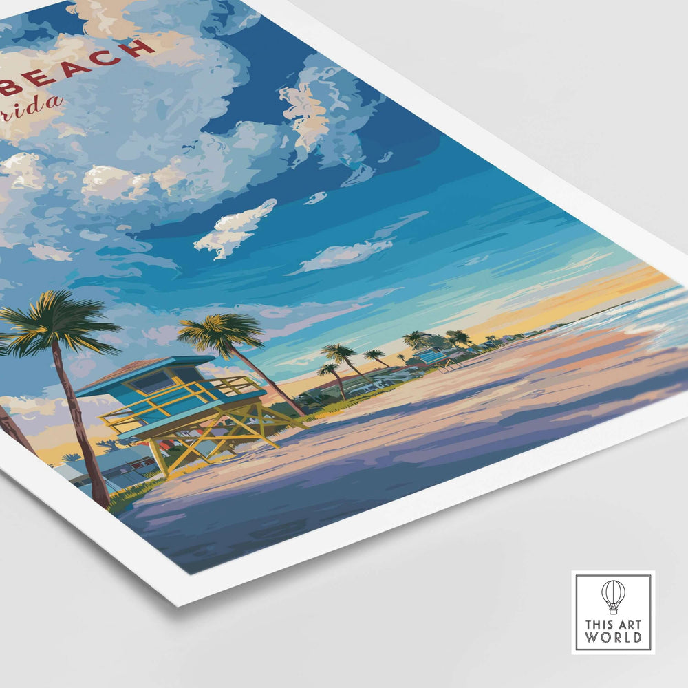Cocoa Beach Lifeguard Tower poster featuring vibrant palm trees and a sunny beach scene, perfect for tropical wall art.