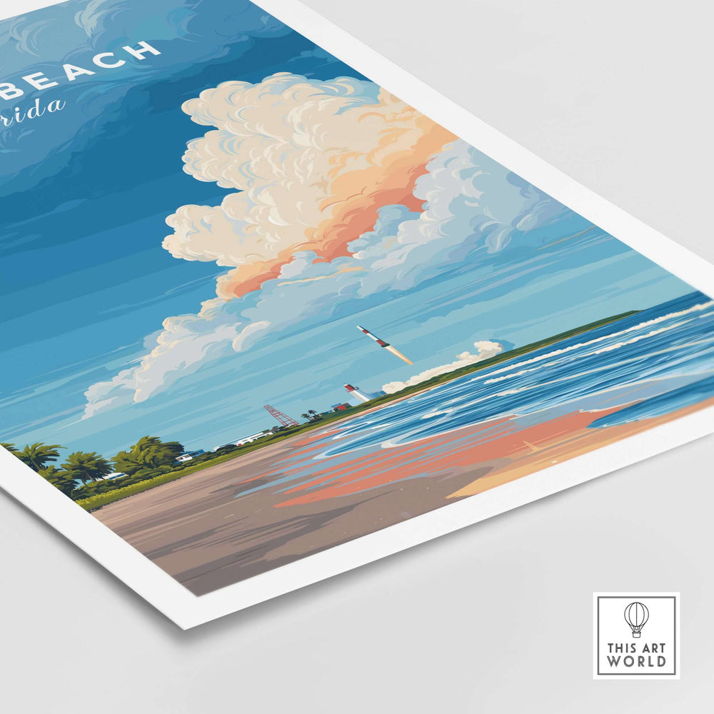 Cocoa Beach Florida Rocket Launch print featuring vibrant clouds and shoreline, perfect for space enthusiasts and beach lovers.