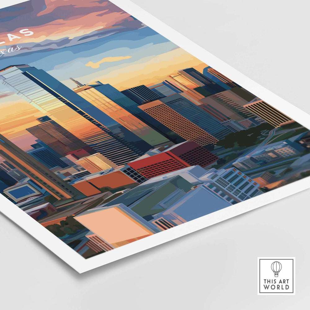 Dallas Texas Reunion Tower skyline poster showcasing a vibrant downtown cityscape at sunset.