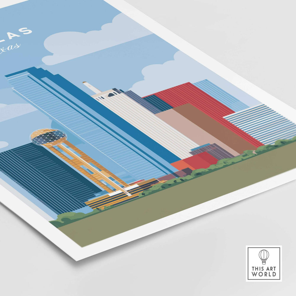 Dallas iconic skyline print featuring Reunion Tower and distinctive architecture in vibrant colors.