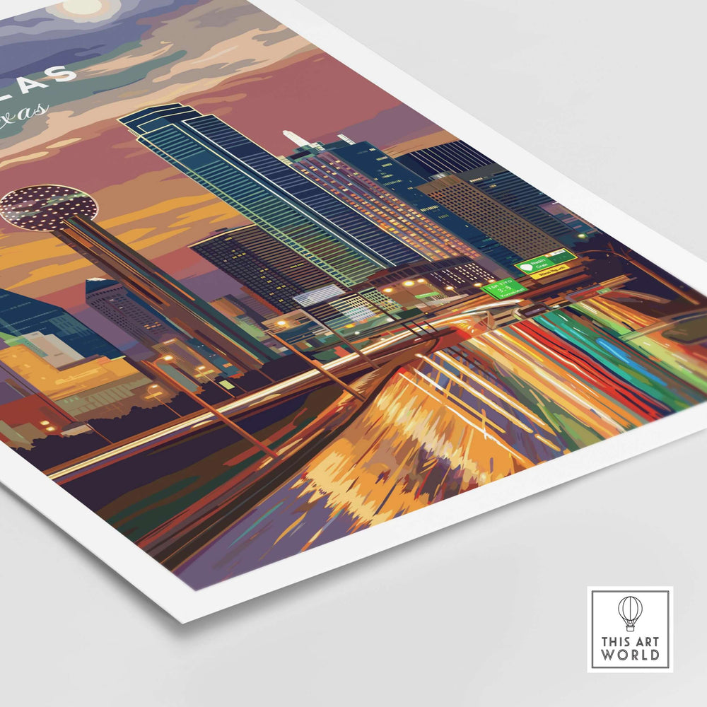 Dallas Texas highway night lights poster showcasing illuminated skyline and vibrant city life.