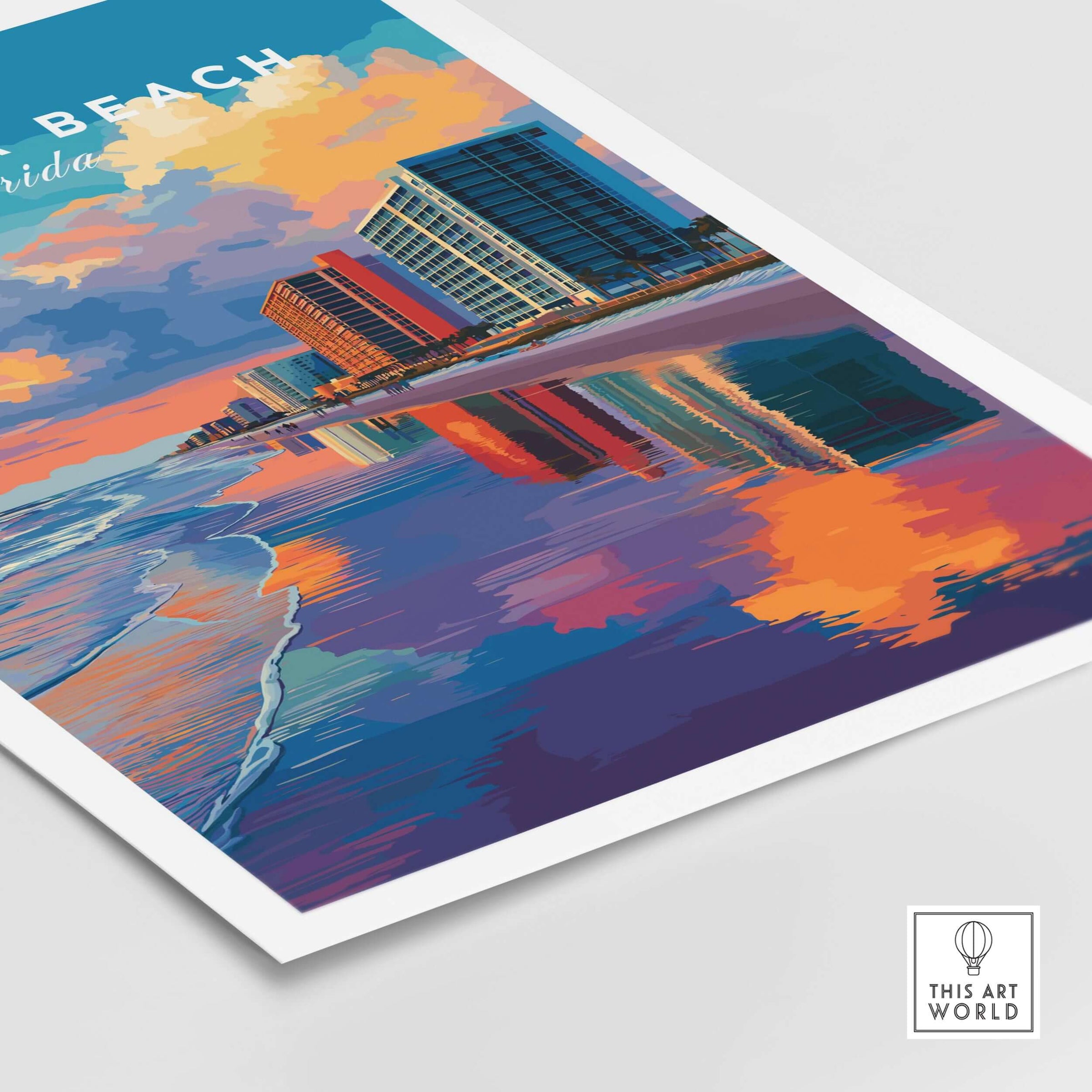 Daytona Beach Sunset Skyline Print - Florida Beachfront Cityscape Wall Art featuring vibrant sunset and city reflection.