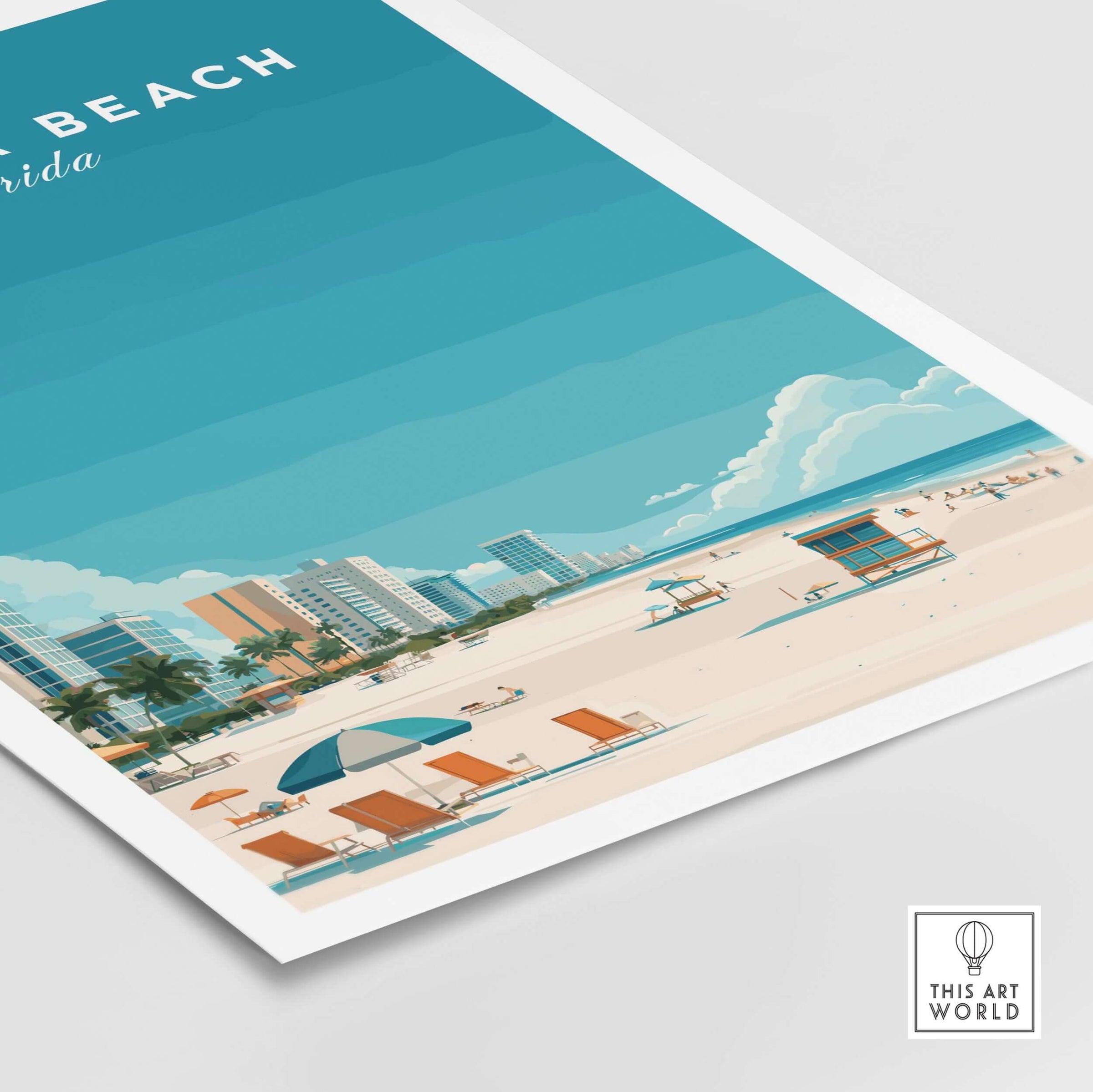 Daytona Beach Florida Lifeguard Station Print - Sunny Beach Wall Art showcasing a vibrant beach scene with lifeguard tower and umbrellas.
