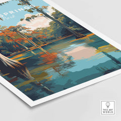 De Leon Springs Poster - Serene Florida State Park Wall Art showcasing vibrant greenery and tranquil water reflections.