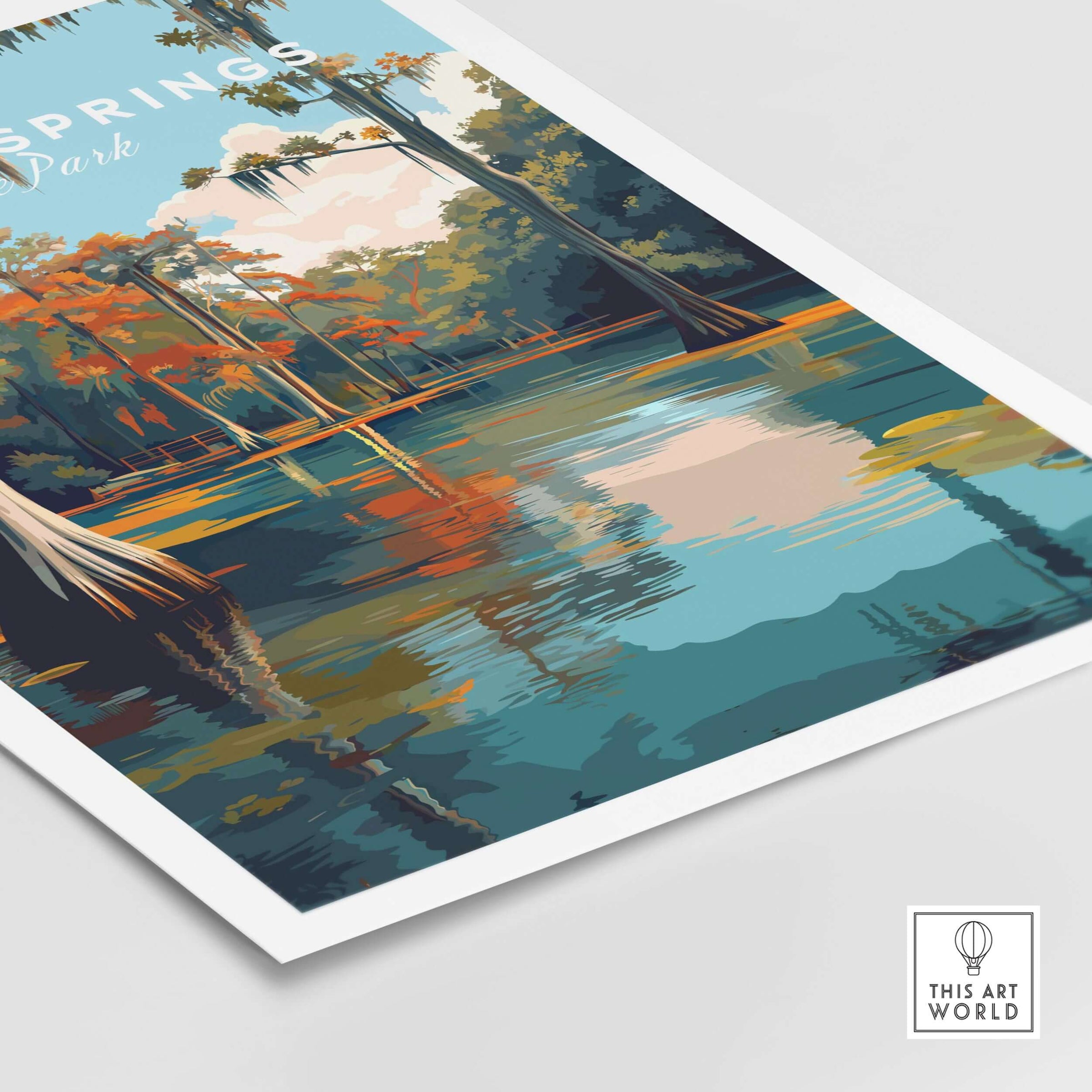 De Leon Springs Poster - Serene Florida State Park Wall Art showcasing vibrant greenery and tranquil water reflections.