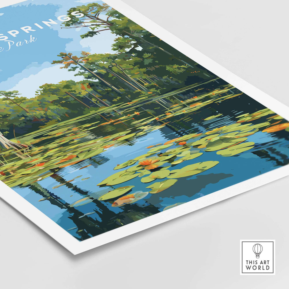 De Leon Springs lily pads on water print, showcasing vibrant nature scene in Florida's natural springs.