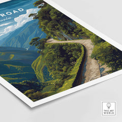 Death Road Andes Print | Yungas Road Poster showcasing the winding path through the lush Andes mountains.