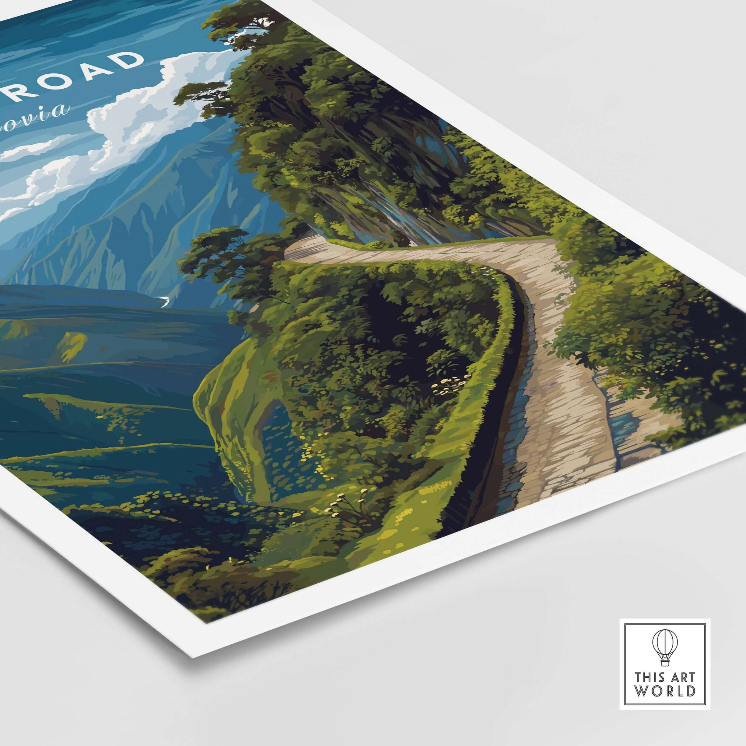 Death Road Andes Print | Yungas Road Poster showcasing the winding path through the lush Andes mountains.
