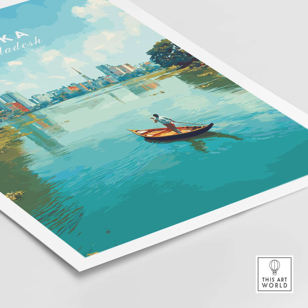 Dhaka poster print showcasing vibrant river city view with boat on water and urban skyline.