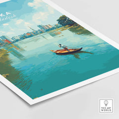 Dhaka Poster Bangladesh River City View Print - Urban Waterfront Wall Art showcasing a serene river scene with a boat.