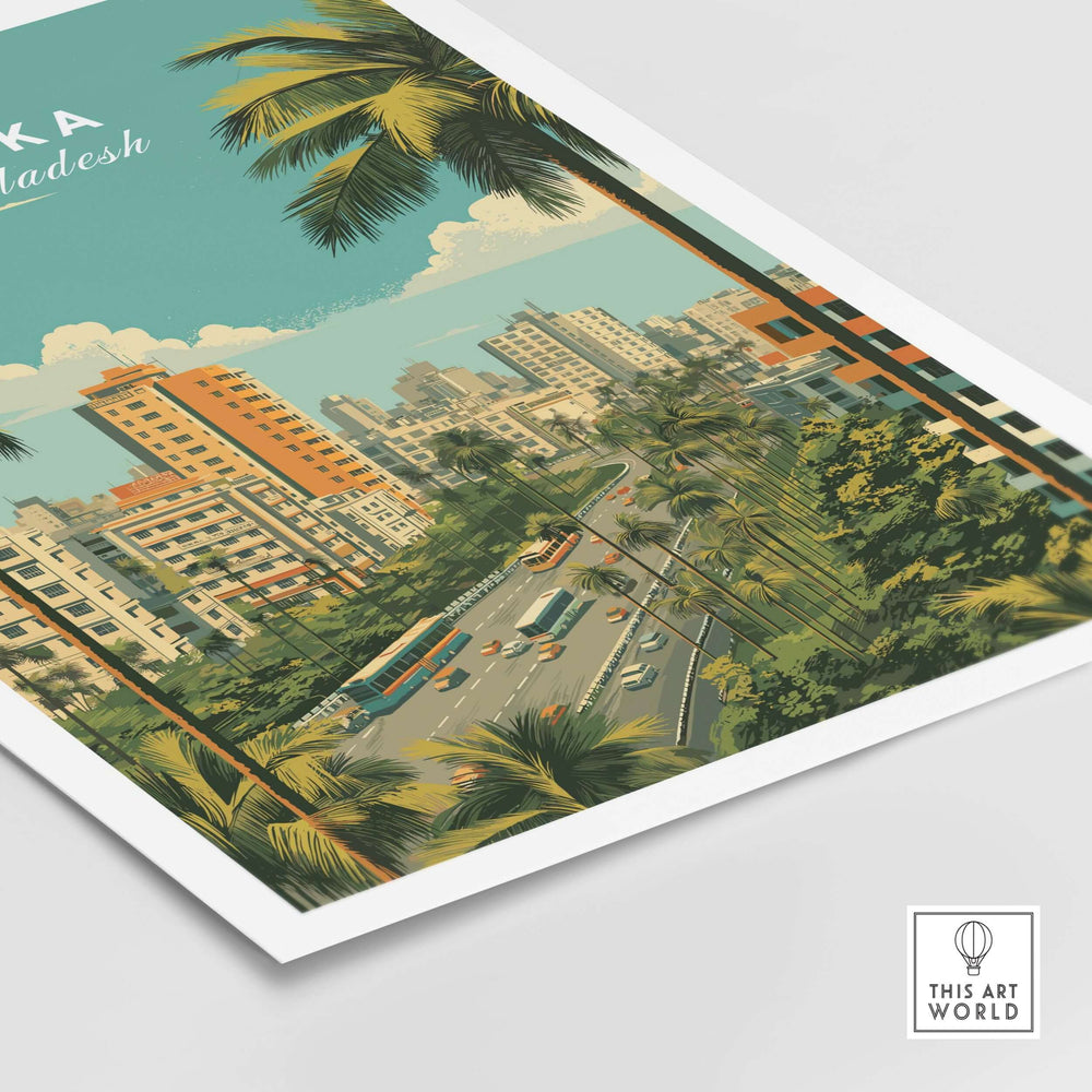Dhaka Bangladesh modern city landscape poster showcasing vibrant skyline and palm trees.