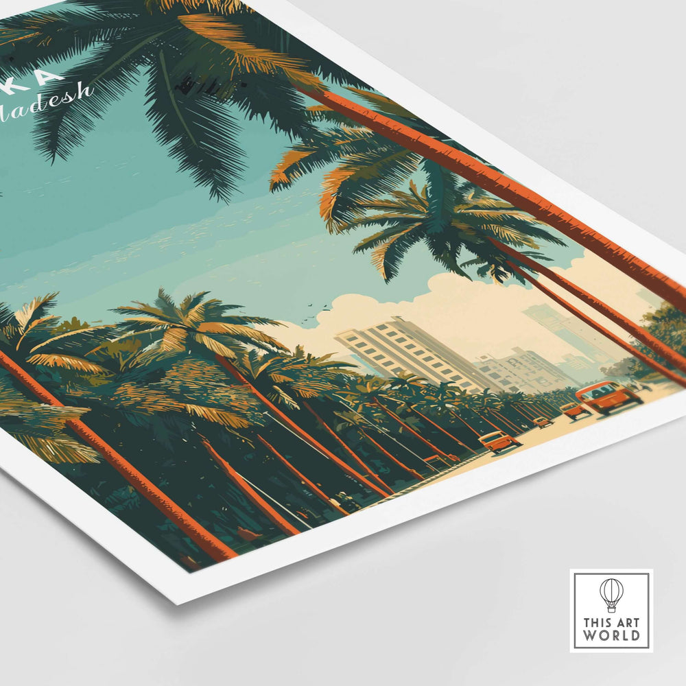 Dhaka Bangladesh print featuring vibrant city life and palm trees, showcasing the essence of urban energy.