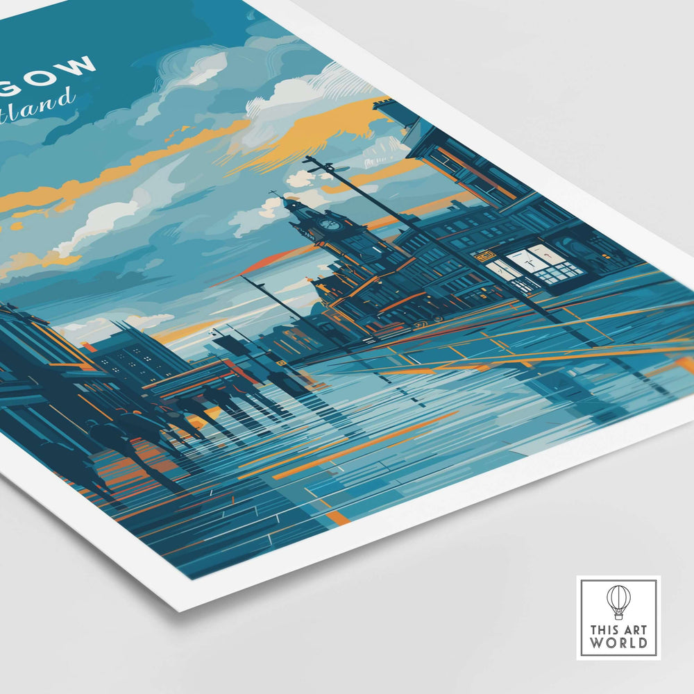 Glasgow City street print at dusk showcasing vibrant colors and urban scenery in Scotland.