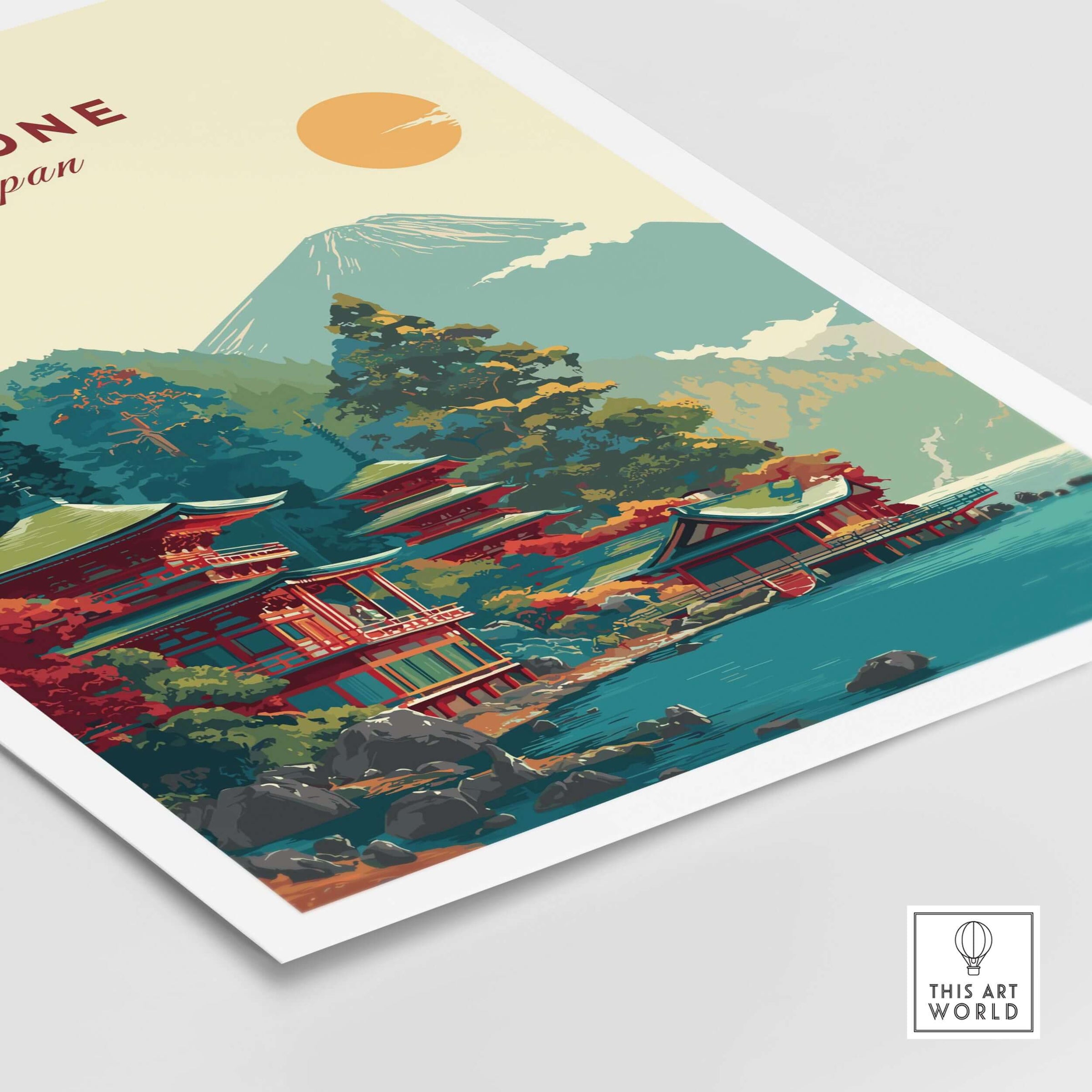 Hakone Japan Lake Ashi Temple Print - Japanese Pagoda Wall Art featuring traditional architecture and serene landscape.