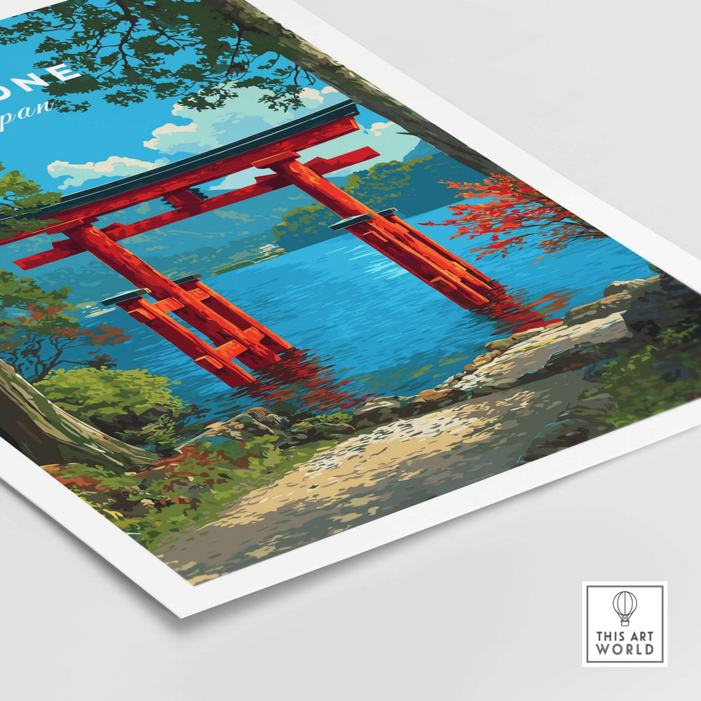 Hakone Japan Lake Ashi Torii Gate Poster showcasing a vibrant floating gate against tranquil waters and lush scenery.