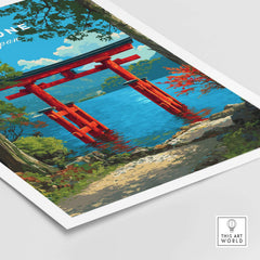 Hakone Japan Lake Ashi Torii Gate Poster - Floating Gate Wall Art showcasing a vibrant red Torii gate by the lake.