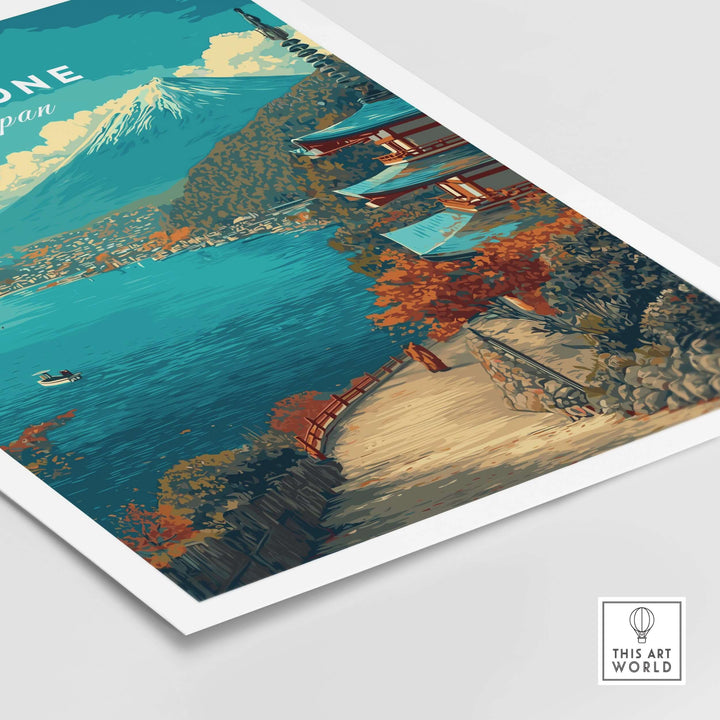 Hakone print featuring serene lake view with pagoda and Mount Fuji, showcasing Japan's natural beauty and culture.