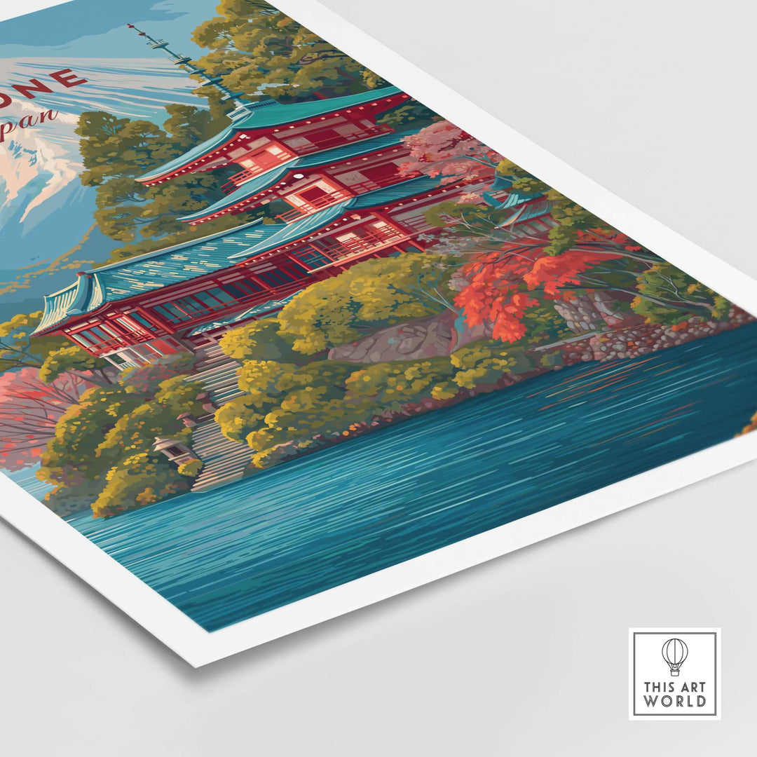 Hakone Japan print featuring a historic shrine near Lake Ashi with Mount Fuji in the background and vibrant nature.