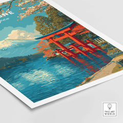 HakonePrint Japan Peace Shrine Torii Artwork - Mount Fuji Lake Ashi Poster featuring vibrant colors and serene landscape.