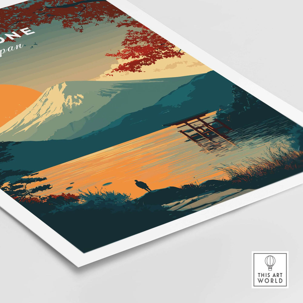 Hakone Japan Torii gate sunset poster with Mount Fuji and lake, capturing serene beauty and elegance.