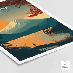 Hakone Japan Torii Gate Sunset Poster - Mount Fuji Lake Scene Print with vibrant colors and tranquil scenery.