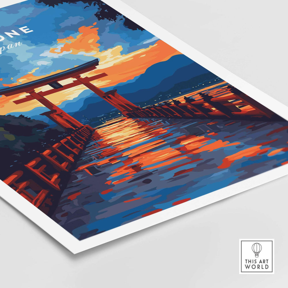 Hakone wall art poster featuring vibrant sunset reflections of Torii gate on Lake Ashi, adding elegance to any space.